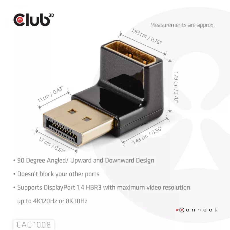 Adapter club 3d DisplayPort male to DisplayPort 1.4 female 90° angled, supports 4K@120Hz
