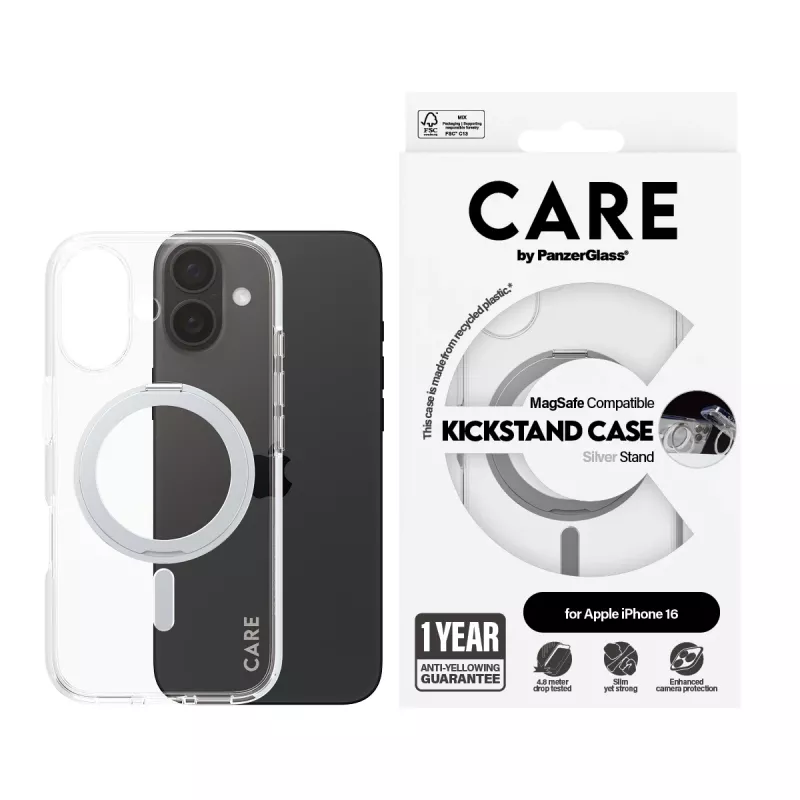 PanzerGlass CARE™ by ® Case Transparent w. Silver Kickstand & MagSafe iPhone 16