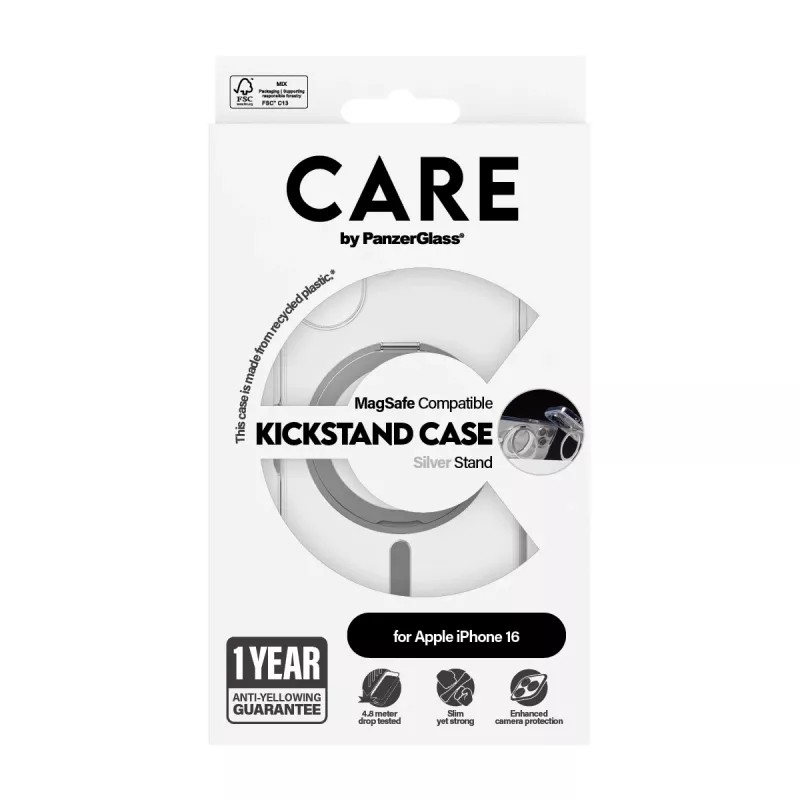 PanzerGlass CARE™ by ® Case Transparent w. Silver Kickstand & MagSafe iPhone 16