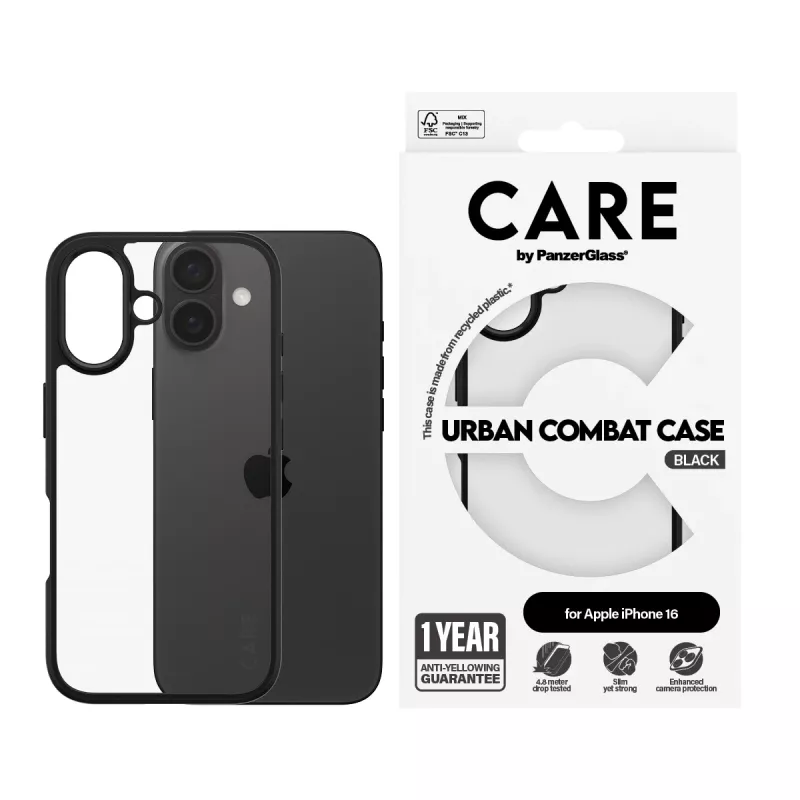 PanzerGlass CARE™ by ® Urban Combat Case Transparent w. Black Frame iPhone 16