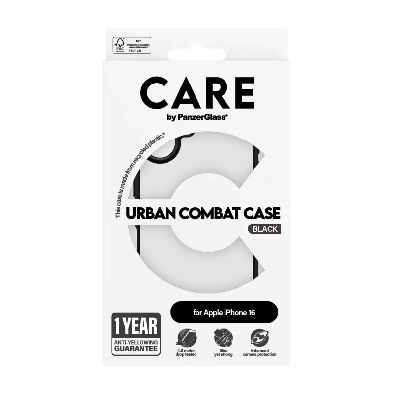PanzerGlass CARE™ by ® Urban Combat Case Transparent w. Black Frame iPhone 16