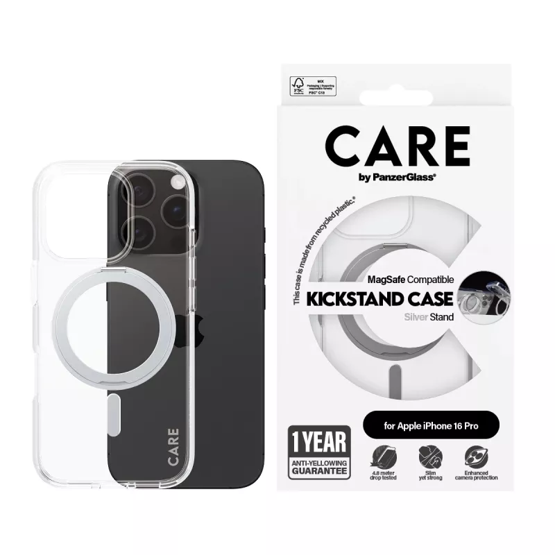 PanzerGlass CARE™ by ® Case Transparent w. Silver Kickstand & MagSafe iPhone 16 Pro