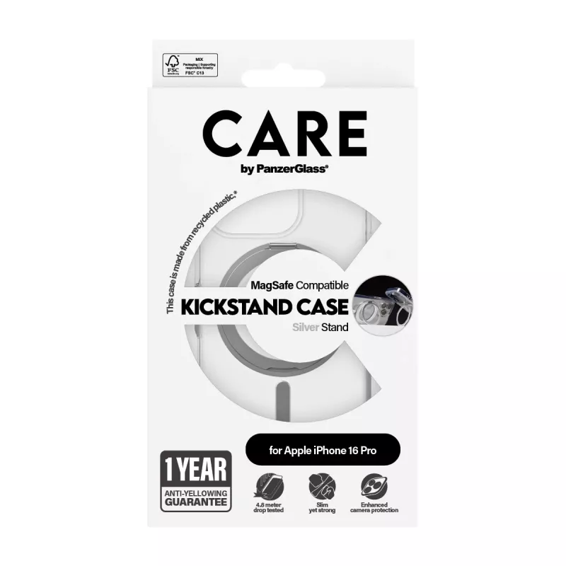 PanzerGlass CARE™ by ® Case Transparent w. Silver Kickstand & MagSafe iPhone 16 Pro