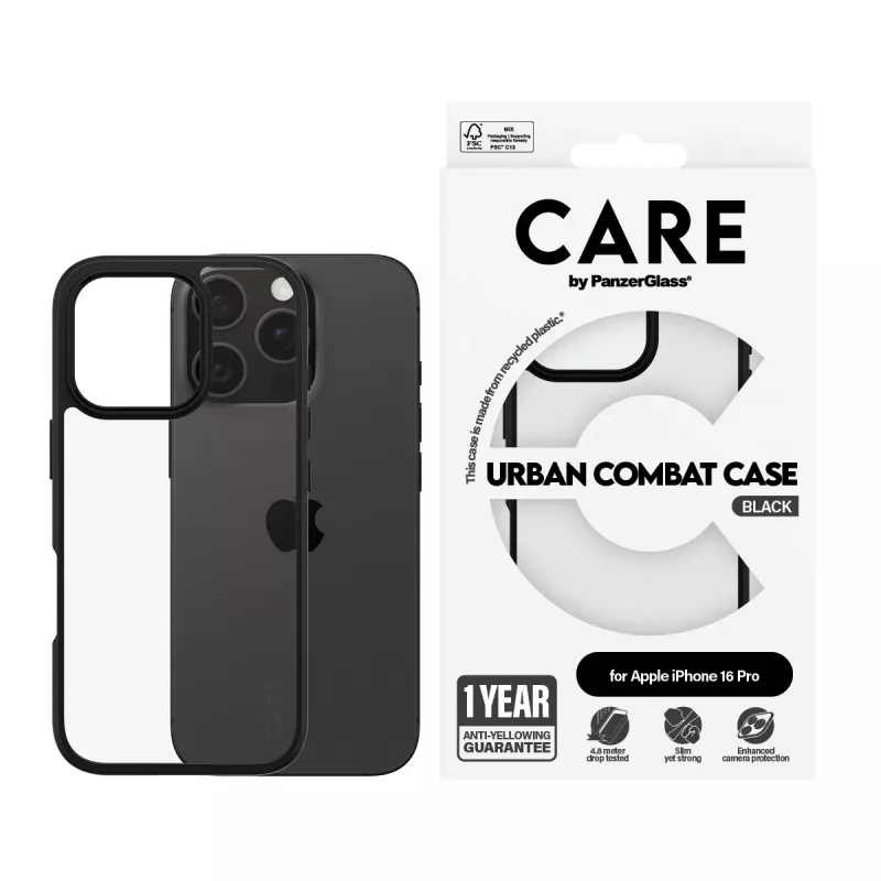 PanzerGlass CARE™ by ® Urban Combat Case Transparent w. Black Frame iPhone 16 Pro