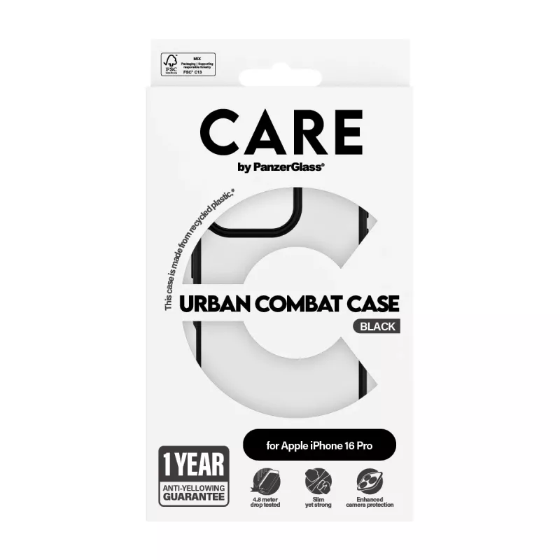 PanzerGlass CARE™ by ® Urban Combat Case Transparent w. Black Frame iPhone 16 Pro