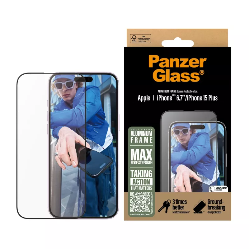 PanzerGlass ® Screen Protector Aluminum Frame iPhone 16 Plus | 15 Plus | Ultra-Wide Fit