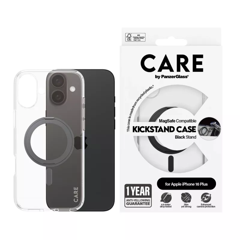 PanzerGlass CARE™ by ® Case Transparent w. Black Kickstand & MagSafe iPhone 16 Plus