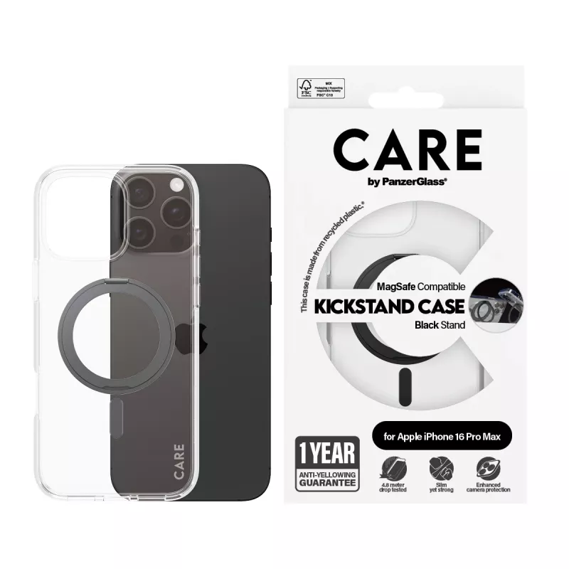 PanzerGlass CARE™ by ® Case Transparent w. Black Kickstand & MagSafe iPhone 16 Pro Max