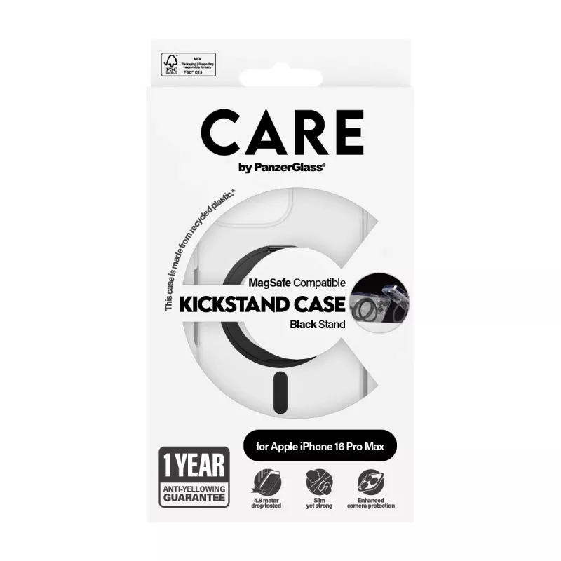 PanzerGlass CARE™ by ® Case Transparent w. Black Kickstand & MagSafe iPhone 16 Pro Max