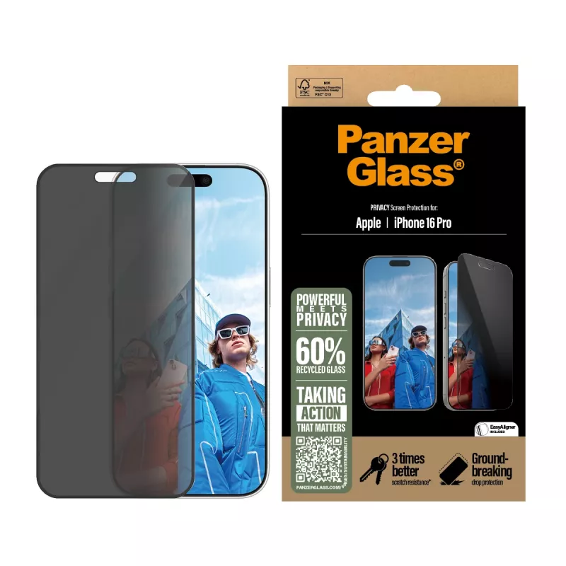 PanzerGlass ® Privacy Screen Protector iPhone 16 Pro | Ultra-Wide Fit w. EasyAligner