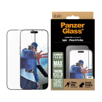 PanzerGlass ® Screen Protector Aluminum Frame iPhone 16 Pro Max| Ultra-Wide Fit