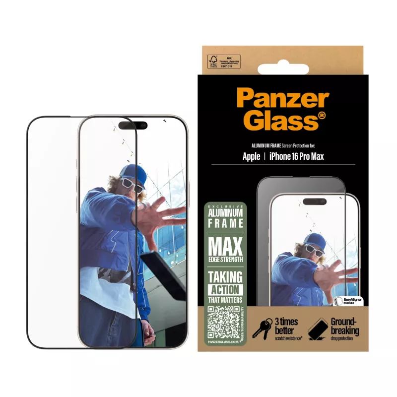 PanzerGlass ® Screen Protector Aluminum Frame iPhone 16 Pro Max| Ultra-Wide Fit