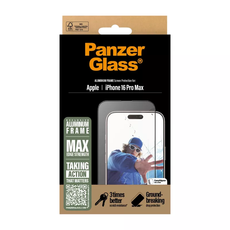 PanzerGlass ® Screen Protector Aluminum Frame iPhone 16 Pro Max| Ultra-Wide Fit