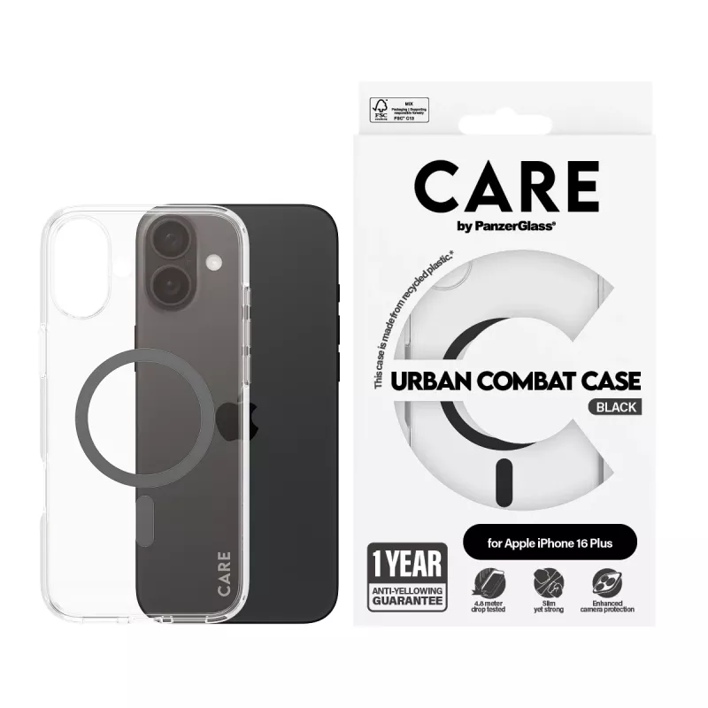 PanzerGlass CARE™ by ® Urban Combat Case Transparent w. Black MagSafe iPhone 16 Plus