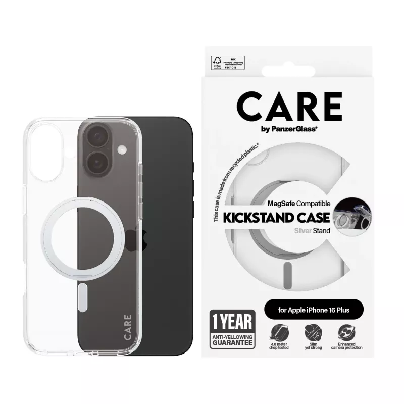 PanzerGlass CARE™ by ® Case Transparent w. Silver Kickstand & MagSafe iPhone 16 Plus