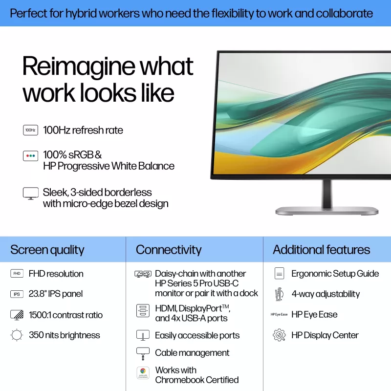 HP Series 5 Pro 23.8 inch FHD Monitor - 524pf, 60.5 cm (23.8 inch), 1920 x 1080 pixels, Full HD, LCD, 5 ms, Black, Silver