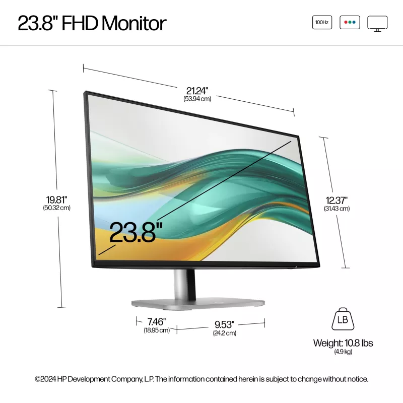 HP Series 5 Pro 23.8 inch FHD Monitor - 524pf, 60.5 cm (23.8 inch), 1920 x 1080 pixels, Full HD, LCD, 5 ms, Black, Silver