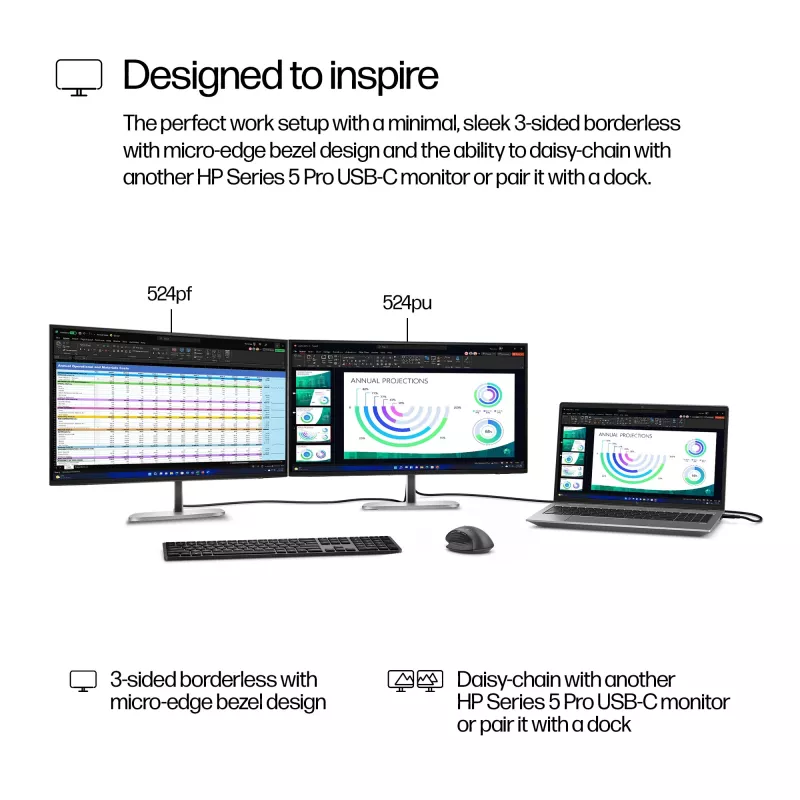 HP Series 5 Pro 23.8 inch FHD Monitor - 524pf, 60.5 cm (23.8 inch), 1920 x 1080 pixels, Full HD, LCD, 5 ms, Black, Silver