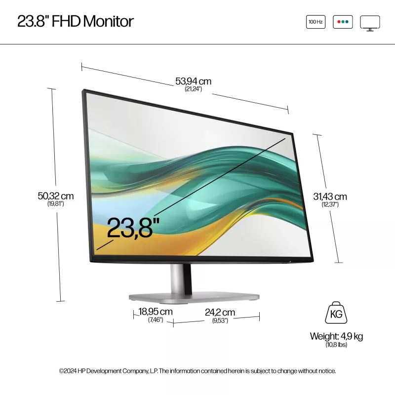 HP Series 5 Pro 524pf 23.8 inch (60.5 cm) Full HD 1920 x 1080 IPS monitor, 100 Hz, 5 ms, 350 cd/m², HDMI, DisplayPort, Jet Black/Silver