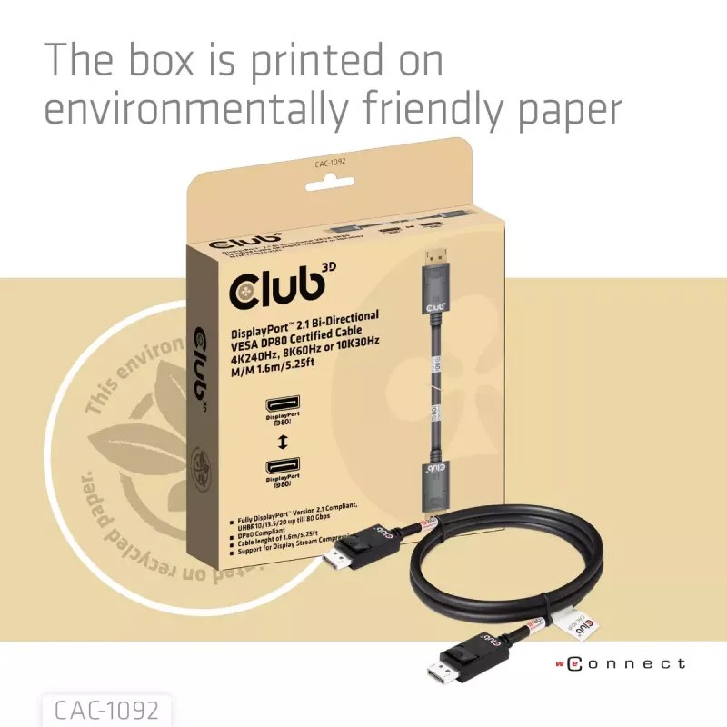 CLUB3D DisplayPort™ 2.1 Bi-Directional VESA DP80 Certified Cable 4K240Hz, 8K60Hz or 10K60Hz M/M 1.6m/5.25ft