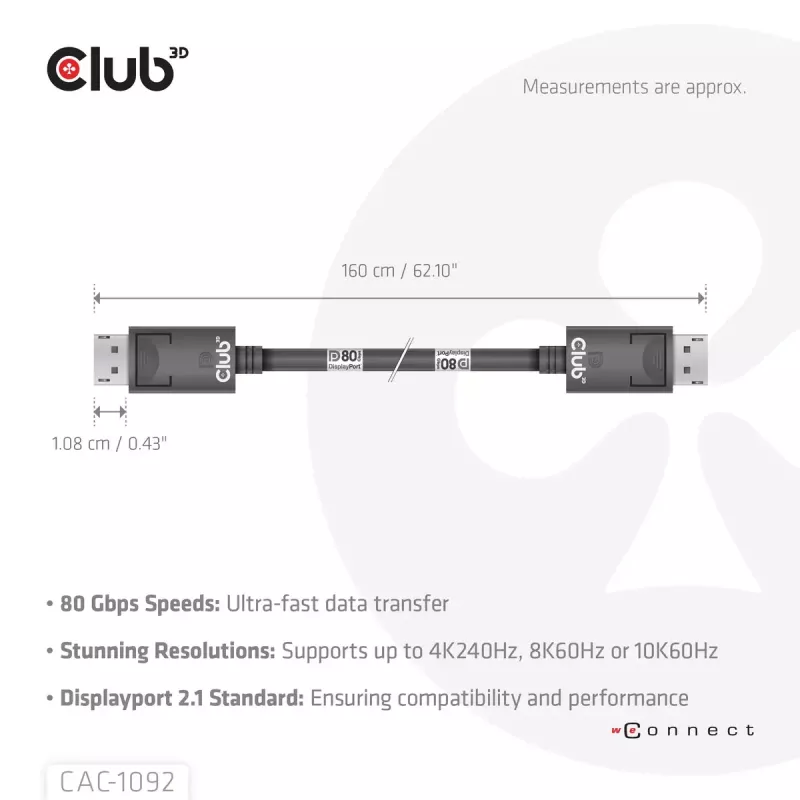 CLUB3D DisplayPort™ 2.1 Bi-Directional VESA DP80 Certified Cable 4K240Hz, 8K60Hz or 10K60Hz M/M 1.6m/5.25ft