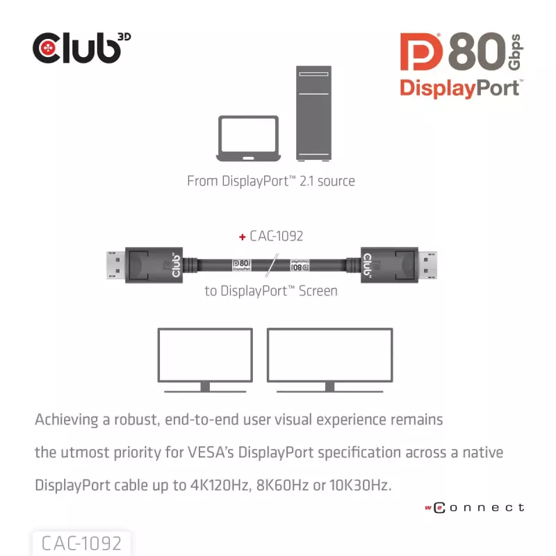 CLUB3D DisplayPort™ 2.1 Bi-Directional VESA DP80 Certified Cable 4K240Hz, 8K60Hz or 10K60Hz M/M 1.6m/5.25ft