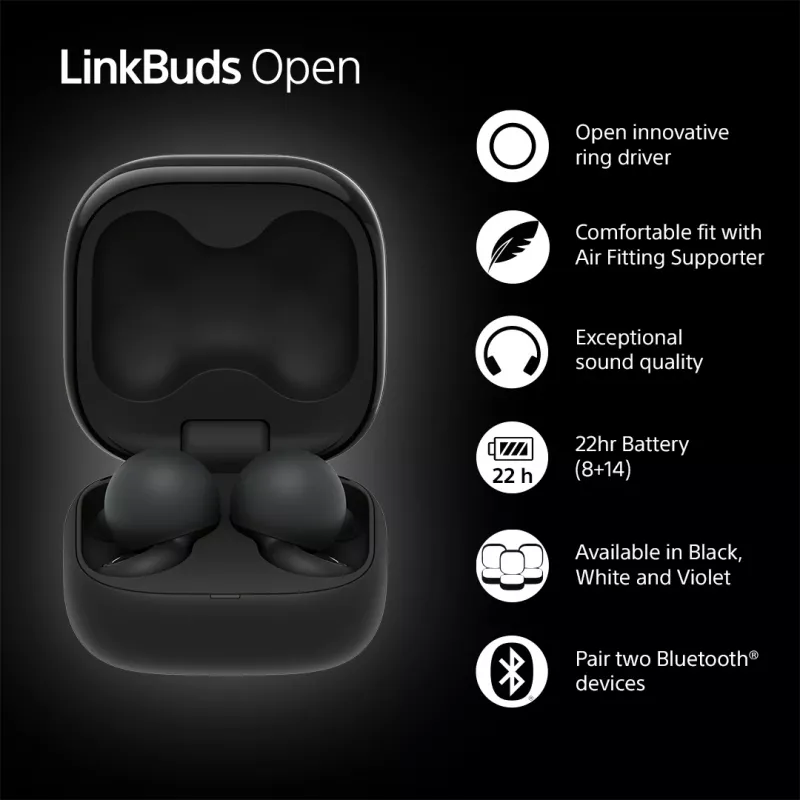 Headset Sony LinkBuds Open WFL910B — wireless Bluetooth in-ear, 20–20,000 Hz, 10 m range, 63 g, black