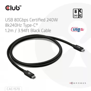 USB Type-C cable CLUB3D CAC-1570 1.2m — 80Gbps, 240W, supports 8K@240Hz, black
