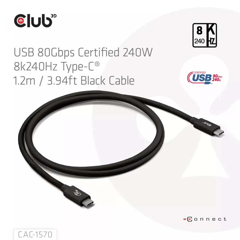USB Type-C cable CLUB3D CAC-1570 1.2m — 80Gbps, 240W, supports 8K@240Hz, black