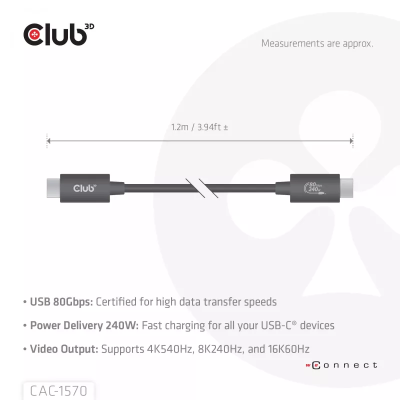 USB Type-C cable CLUB3D CAC-1570 1.2m — 80Gbps, 240W, supports 8K@240Hz, black