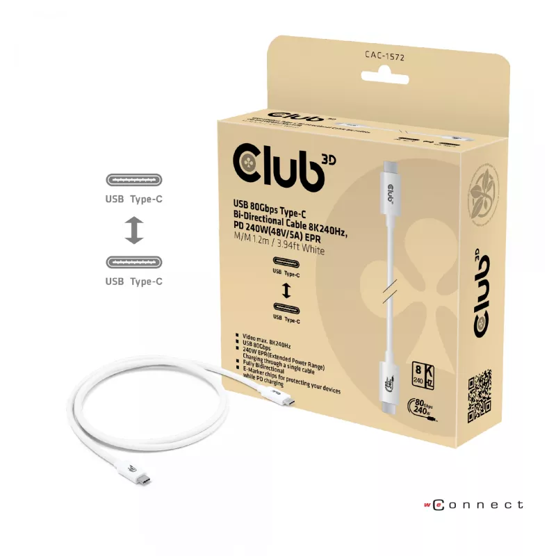 CLUB3D USB 80Gbps Certified 240W 8K240Hz Type-C® 1.2m / 3.94ft Black Cable