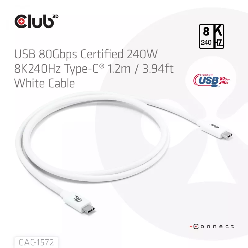 CLUB3D USB 80Gbps Certified 240W 8K240Hz Type-C® 1.2m / 3.94ft Black Cable
