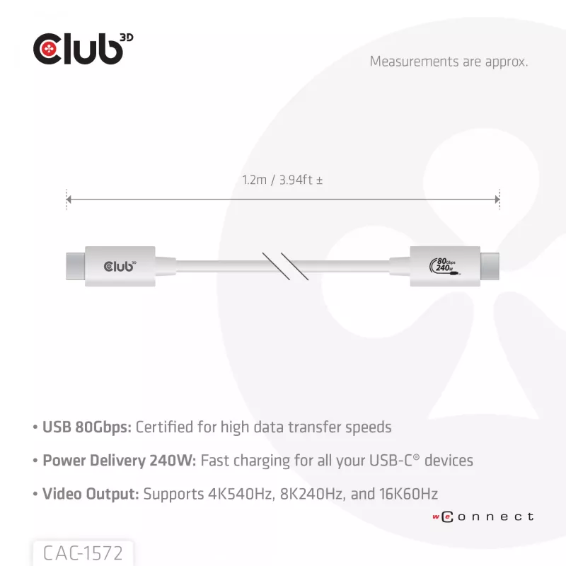 CLUB3D USB 80Gbps Certified 240W 8K240Hz Type-C® 1.2m / 3.94ft Black Cable