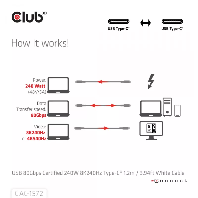 CLUB3D USB 80Gbps Certified 240W 8K240Hz Type-C® 1.2m / 3.94ft Black Cable