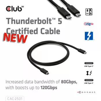 CLUB3D Thunderbolt™ 5 Certified 8K240Hz Data 80/120 Gbps EPR 240 Watt Cable M/M 1m / 3.28ft