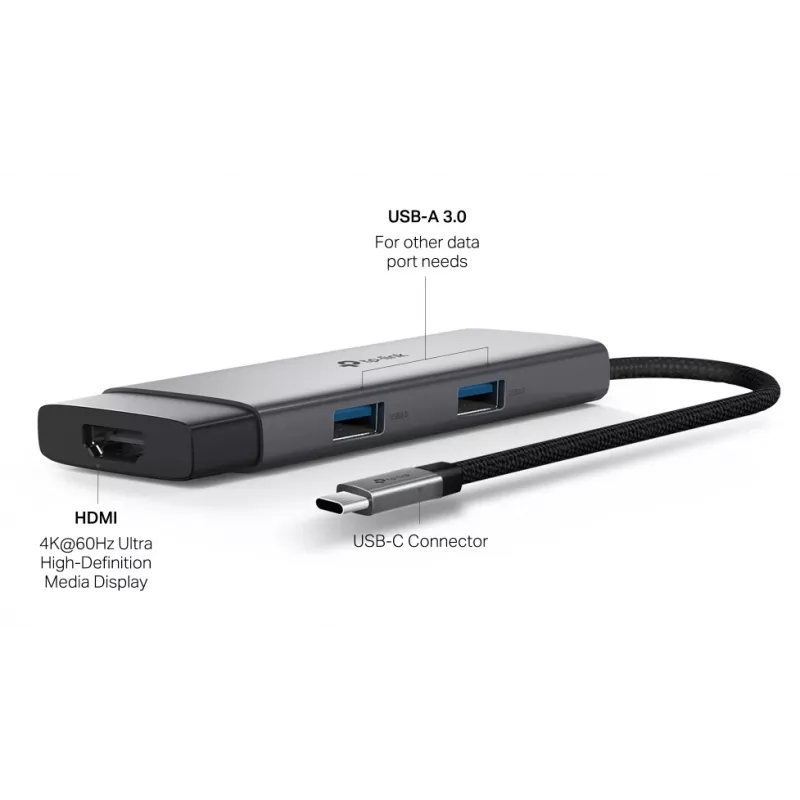 TP-Link UH5020C USB-C 5-Port Hub, HDMI 4K@60Hz, 100 W Power Delivery, 1x USB-C, 2x USB-A, 5 Gbps, Aluminium, Grey