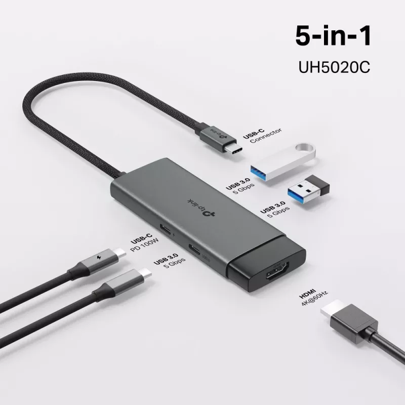 TP-Link UH5020C USB-C 5-Port Hub, HDMI 4K@60Hz, 100 W Power Delivery, 1x USB-C, 2x USB-A, 5 Gbps, Aluminium, Grey