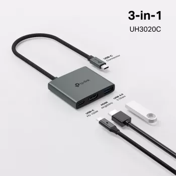 USB Type-C Hub TP-Link UH3020C — 3-port (HDMI, USB-A, USB-C), 5 Gbit/s, HDMI 4K@60Hz, PD up to 100W, aluminium, 0.18 m cable