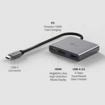 USB Type-C Hub TP-Link UH3020C — 3-port (HDMI, USB-A, USB-C), 5 Gbit/s, HDMI 4K@60Hz, PD up to 100W, aluminium, 0.18 m cable