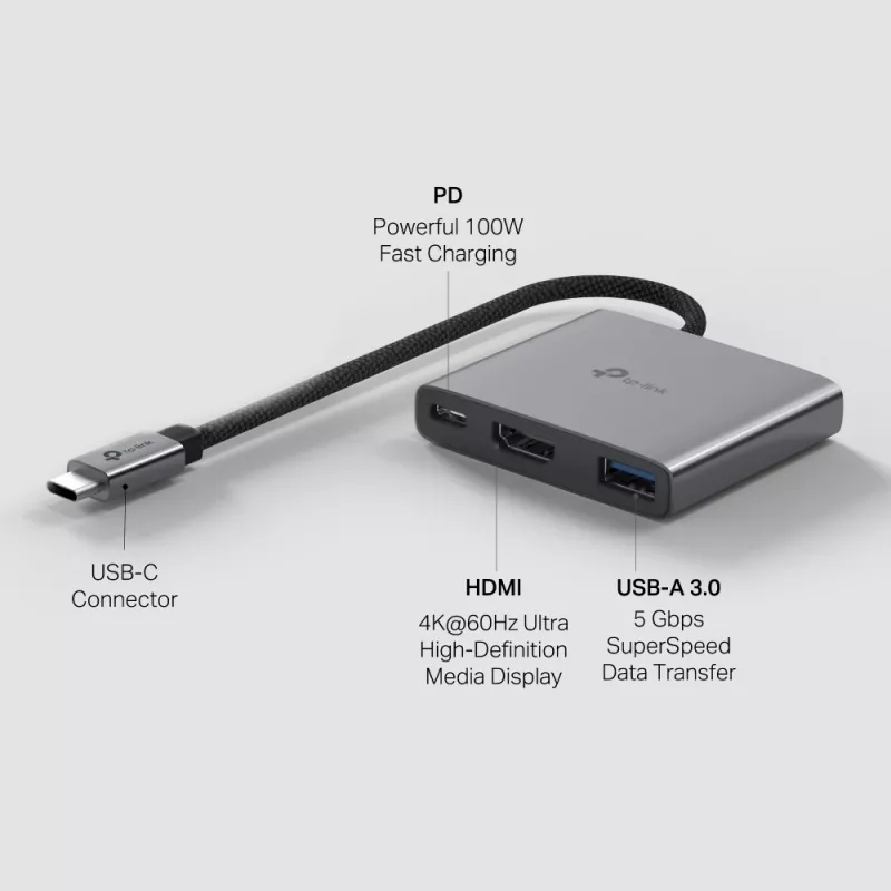 USB Type-C Hub TP-Link UH3020C — 3-port (HDMI, USB-A, USB-C), 5 Gbit/s, HDMI 4K@60Hz, PD up to 100W, aluminium, 0.18 m cable