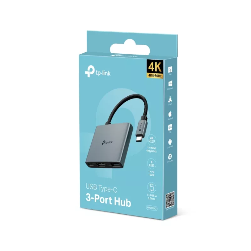 USB Type-C Hub TP-Link UH3020C — 3-port (HDMI, USB-A, USB-C), 5 Gbit/s, HDMI 4K@60Hz, PD up to 100W, aluminium, 0.18 m cable
