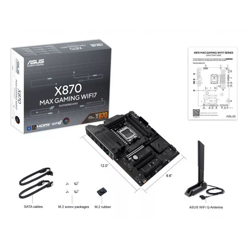 Motherboard ASUS X870 MAX GAMING WIFI7 ATX — AMD X870, Socket AM5, DDR5, 4 DIMM, 256 GB, Wi‑Fi 7, Bluetooth 5.4, 3 M.2, 2x USB4 Gen3x2