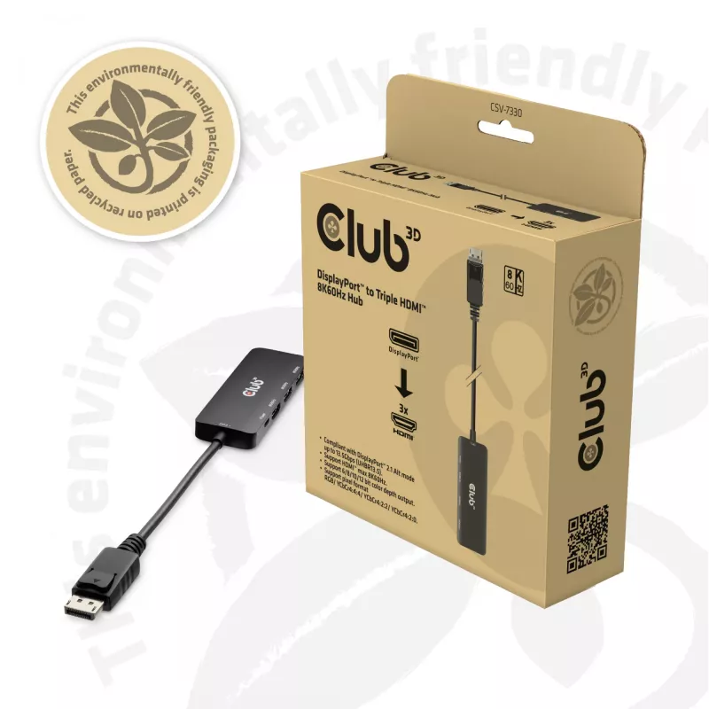 CLUB3D DisplayPort™ to Triple HDMI™ 8K60Hz Hub, DisplayPort, HDMI, 2.1b/1.4a, 13.5 Mbit/s, 120 Hz, 3840 x 2160, 7680 x 4320