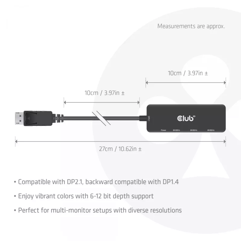 CLUB3D DisplayPort™ to Triple HDMI™ 8K60Hz Hub, DisplayPort, HDMI, 2.1b/1.4a, 13.5 Mbit/s, 120 Hz, 3840 x 2160, 7680 x 4320