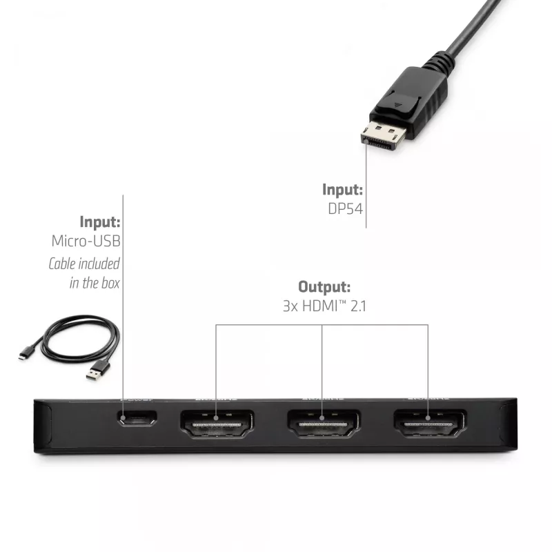 CLUB3D DisplayPort™ to Triple HDMI™ 8K60Hz Hub, DisplayPort, HDMI, 2.1b/1.4a, 13.5 Mbit/s, 120 Hz, 3840 x 2160, 7680 x 4320
