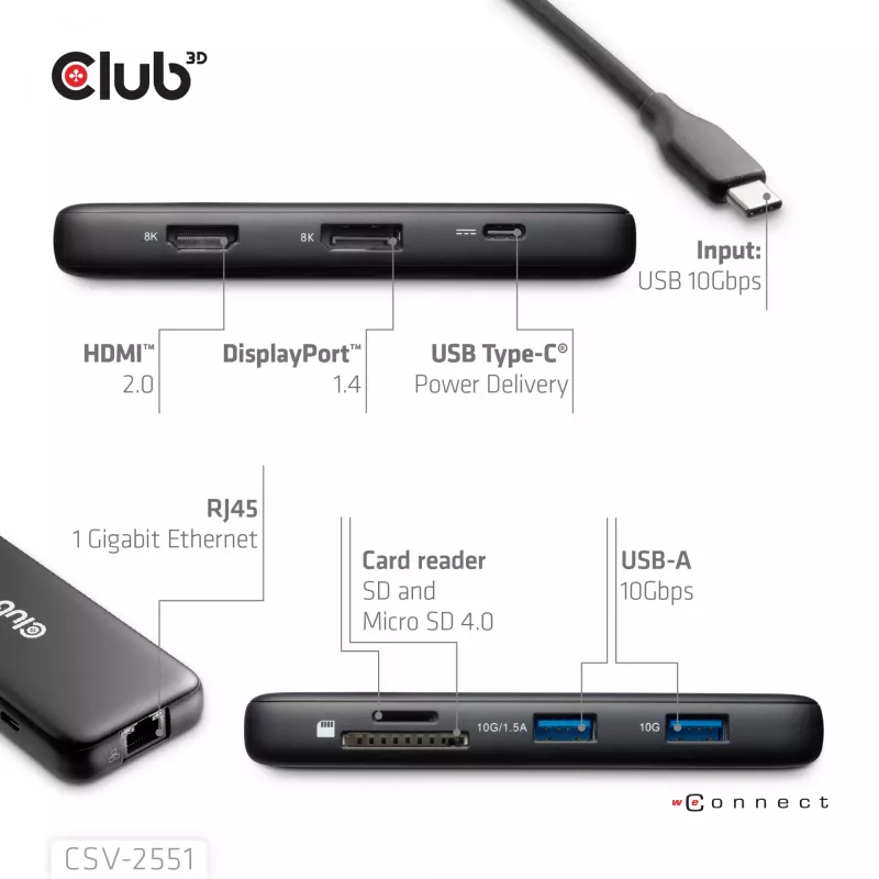 CLUB3D 8-1 Portable Dock USB Type-C® 10Gbps to HDMI™ and DisplayPort™ 8K30Hz PD Max.100Watt