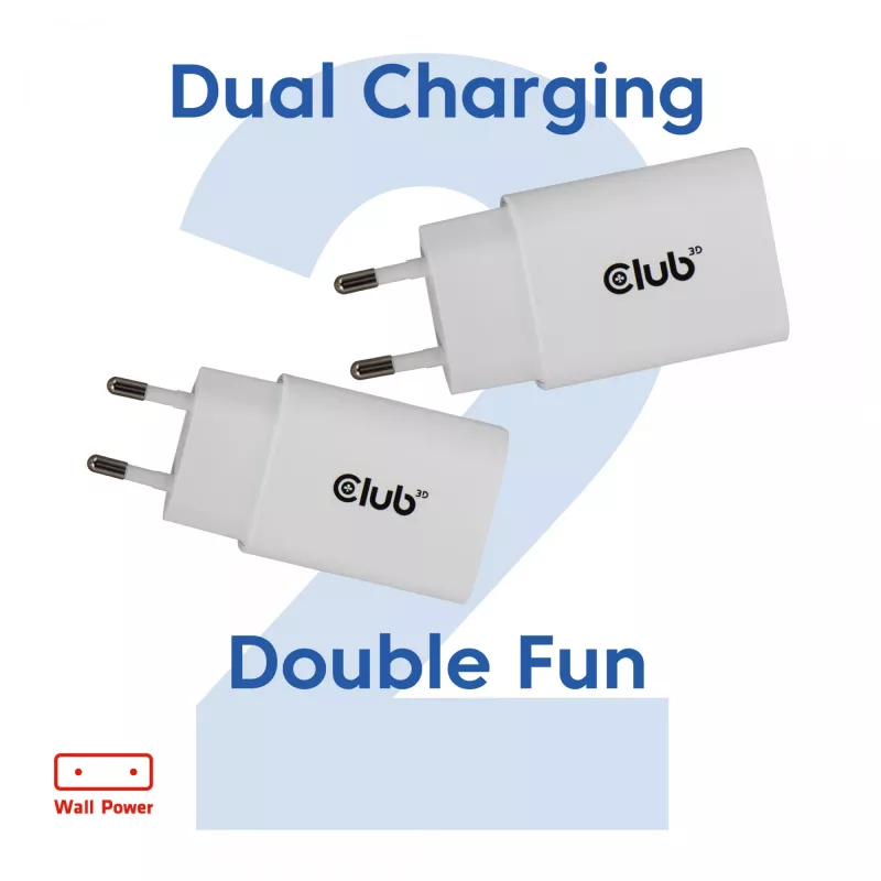 USB‑C Charger 2‑Pack CLUB3D CAC-3020, 30W total, White