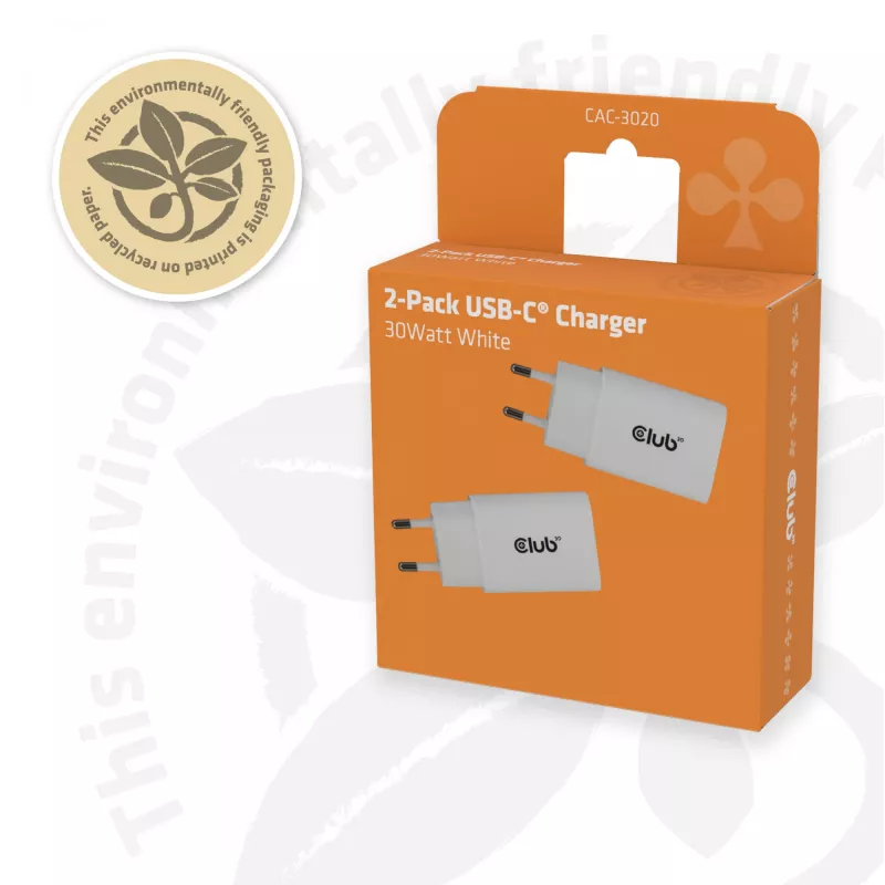 USB‑C Charger 2‑Pack CLUB3D CAC-3020, 30W total, White