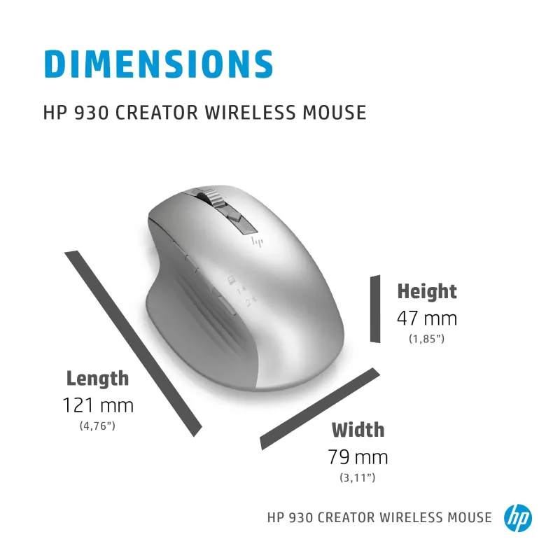 HP 930 Creator Wireless Mouse, Right-hand, Bluetooth, 3000 DPI, Silver