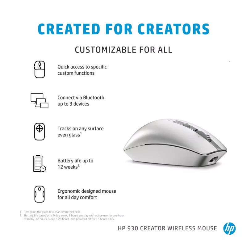HP 930 Creator Wireless Mouse, Right-hand, Bluetooth, 3000 DPI, Silver